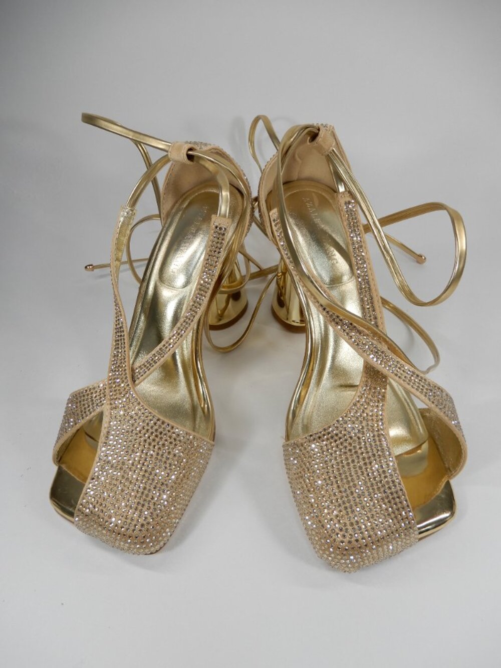 AZALEA WANG Builany Pump Sandals 7 Gold Rhinestone Lace-Up Heels Square Toe NEW - Picture 14 of 14